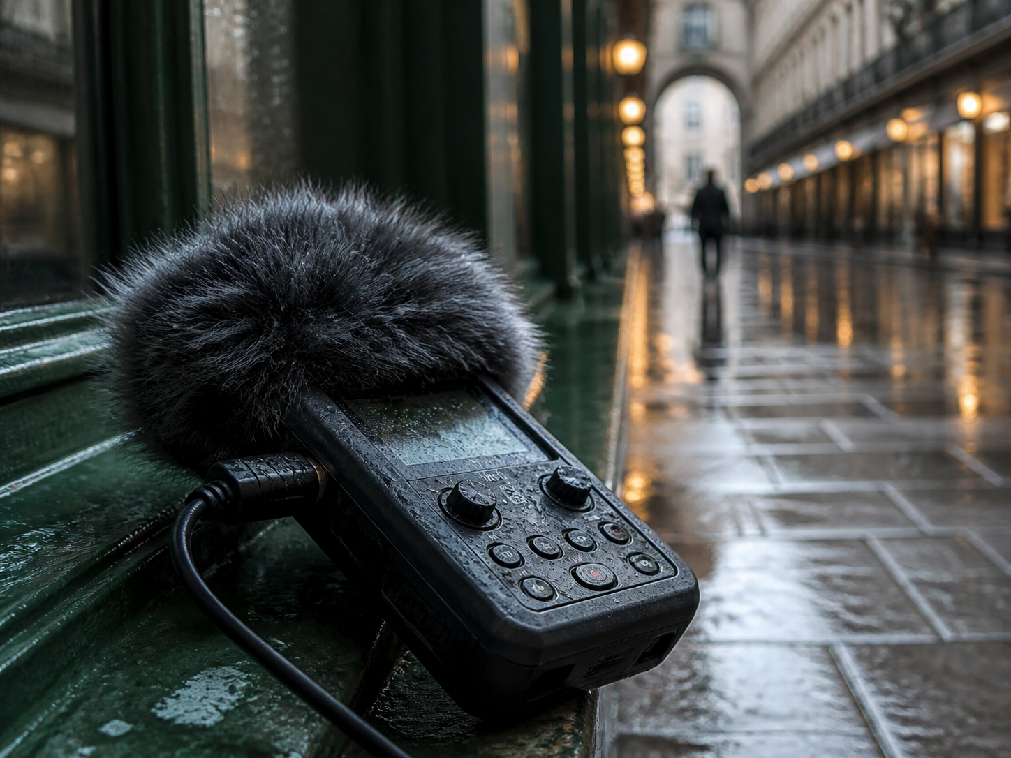 Enregistreur de terrain sous la pluie à Paris